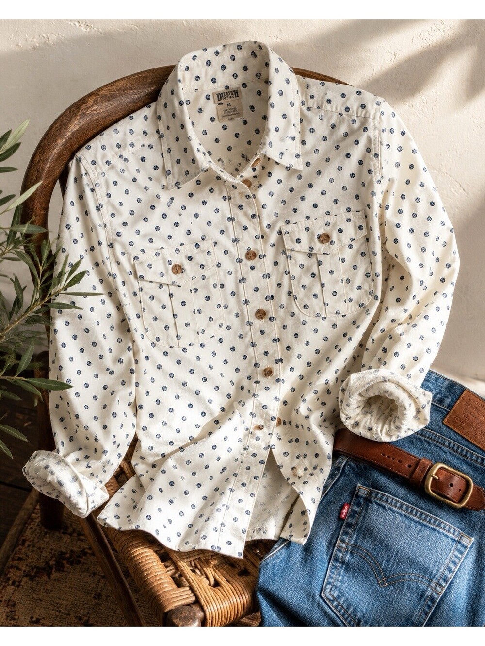 Duluth Trading Co. Polka Dot Button Up Shirt Cream Navy Stretch Cotton